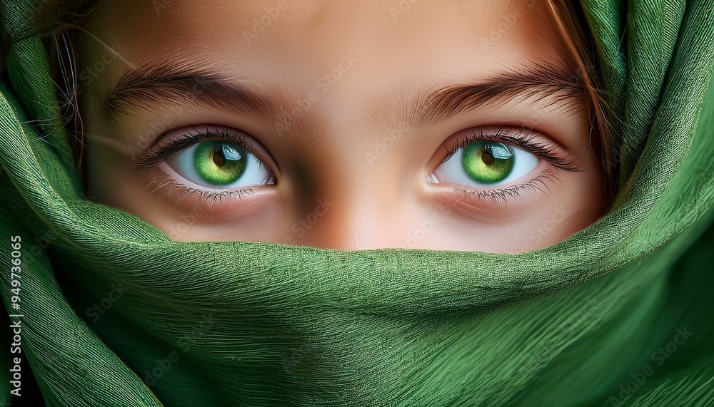 Green eyes of a girl, her face wrapped in a green scarf. Green eyes of a girl, her face wrapped in a green scarf.