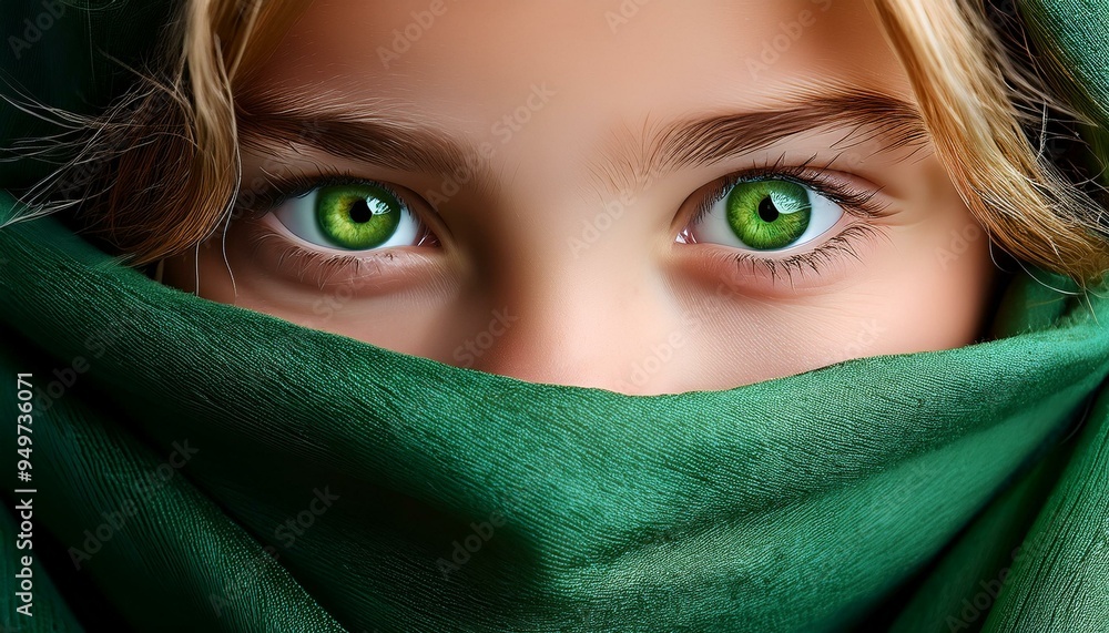 Green eyes of a girl, her face wrapped in a green scarf. Green eyes of a girl, her face wrapped in a green scarf.