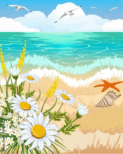 Flowers against the background of the sea.Vector illustration with flowers on the background of the sea.