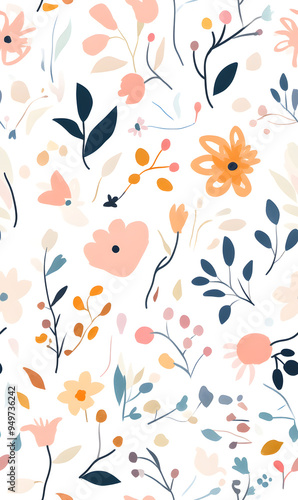 floral and leaf seamless patterns in doodle-style tile designs with graphic format.