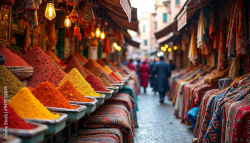 A vibrant market street in Marrakech, filled with colorful spice stalls and textiles, showcasing the lively activity and rich culture of the area.