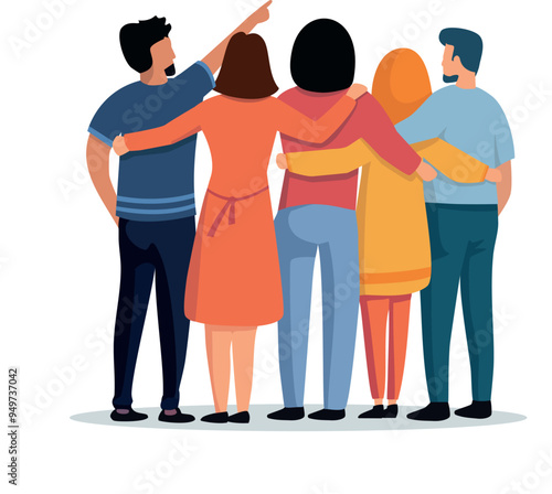 Illustration vectorielle montrant un groupe d'amis enlacés qui se soutiennent, sont solidaires et avancent vers l'avenir