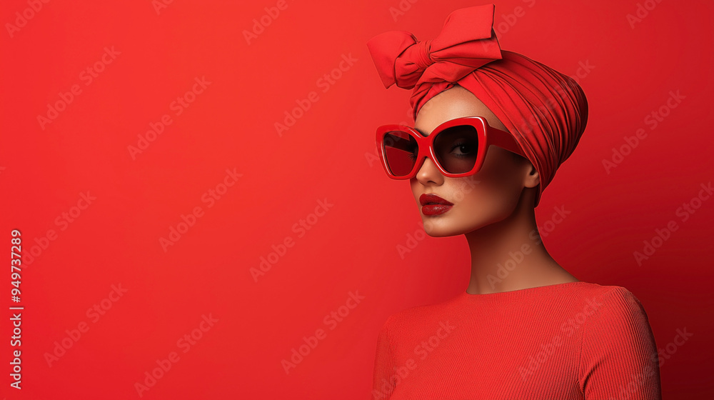 Stylish woman wearing red headscarf, red sunglasses, and red lipstick against a red background Stylish woman wearing red headscarf, red sunglasses, and red lipstick against a red background