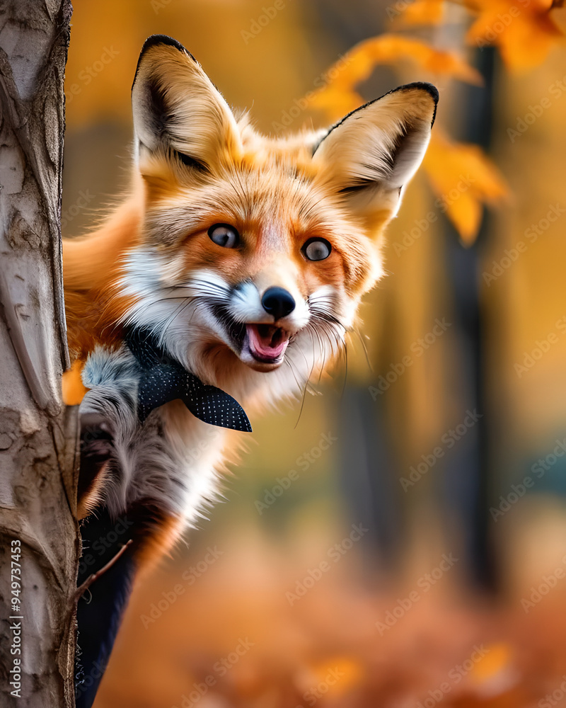Autunno, composizione con simpatica volpe in un parco, sfondo con foliage e colori autunnali Autunno, composizione con simpatica volpe in un parco, sfondo con foliage e colori autunnali