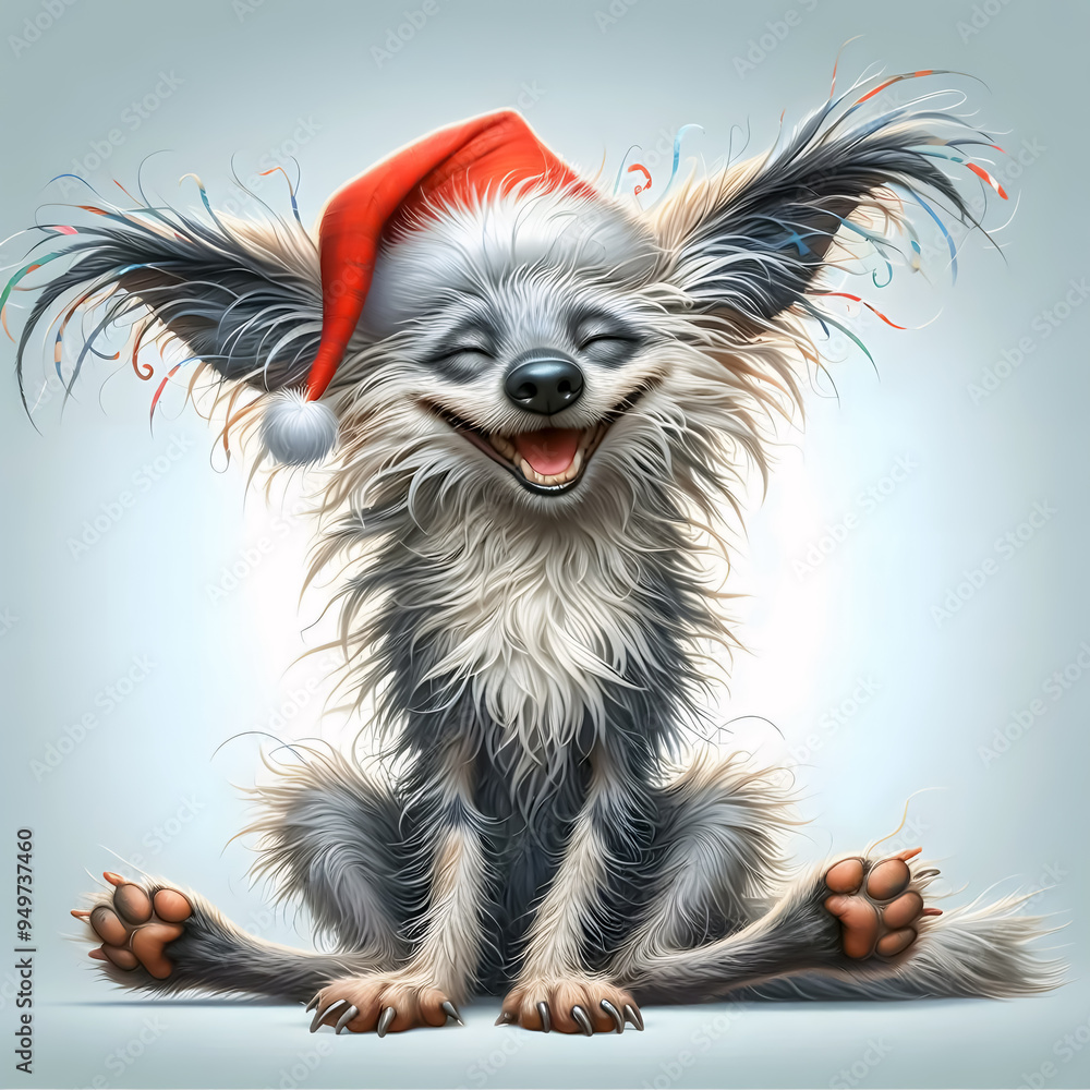 African Wild Dog wearing a Christmas hat, Merry Christmas card, banner, copy space African Wild Dog wearing a Christmas hat, Merry Christmas card, banner, copy space