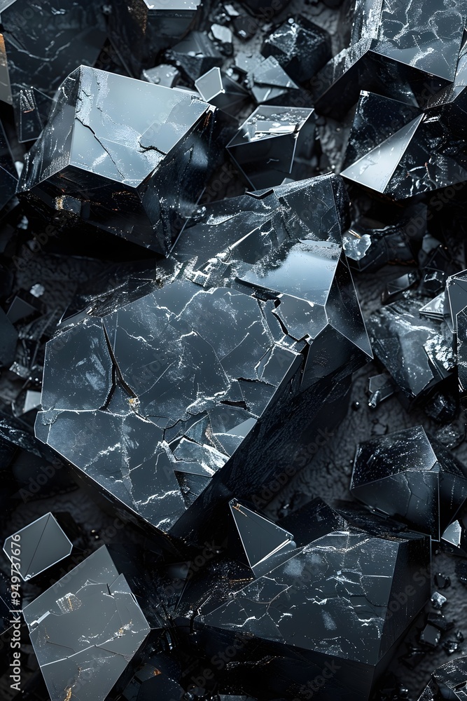 Close-up of a cluster of dark, angular crystals with a reflective surface. Close-up of a cluster of dark, angular crystals with a reflective surface.