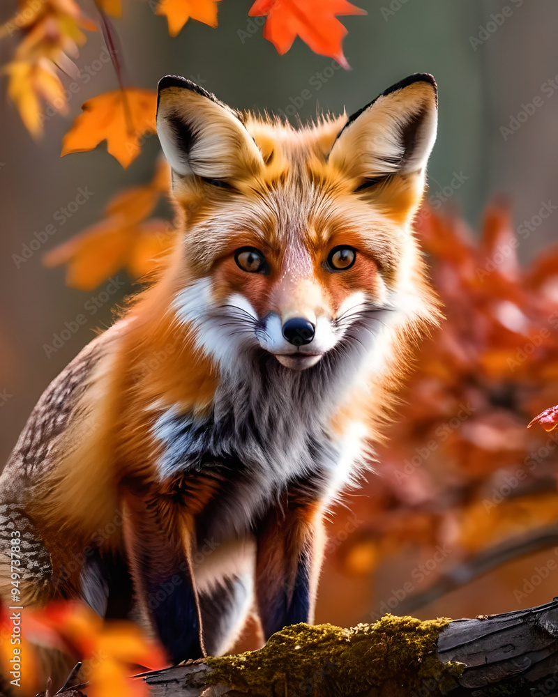 Fototapeta premium Autunno, composizione con simpatica volpe in un parco, sfondo con foliage e colori autunnali
