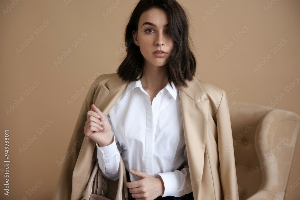 Woman beige blazer. Elegant woman in a beige blazer and white shirt, poised with confidence. Woman beige blazer. Elegant woman in a beige blazer and white shirt, poised with confidence.