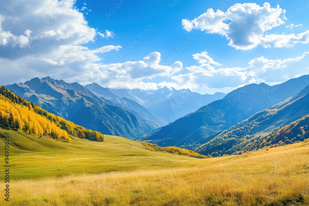 Beautiful autumn landscape of mountain range with clear blue sky and green valley. Beautiful autumn landscape of mountain range with clear blue sky and green valley.