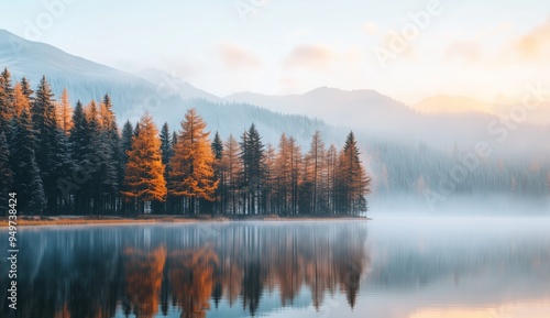 Beautiful lake in the mountains with a forest and golden autumn trees at sunrise