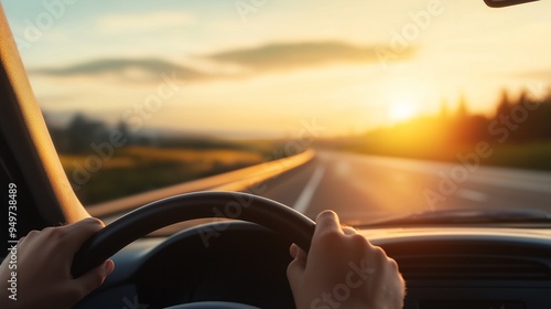 Golden Hour Road Trip: A first-person perspective of a scenic road trip at sunset, with the driver's hands gripping the steering wheel, as the road stretches ahead towards a radiant horizon.  