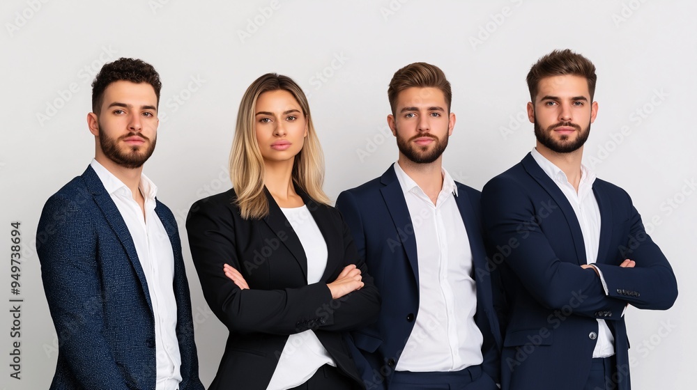 Confident Business Team: A group of four successful and confident business professionals stand together, radiating professionalism and determination in their crisp suits. Confident Business Team: A group of four successful and confident business professionals stand together, radiating professionalism and determination in their crisp suits.