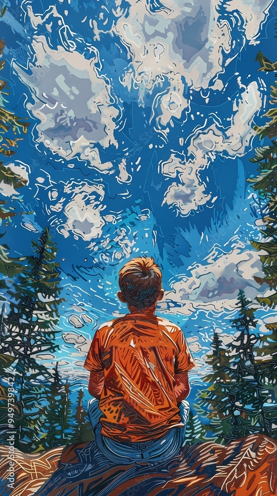 a boy sitting and looking up the sky illustration poster background a boy sitting and looking up the sky illustration poster background