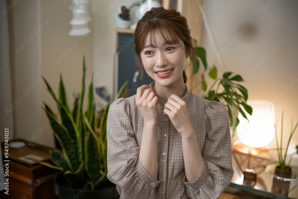 Happy woman smiling. Young woman in a plaid shirt smiles happily, representing joy and optimism. Happy woman smiling. Young woman in a plaid shirt smiles happily, representing joy and optimism.