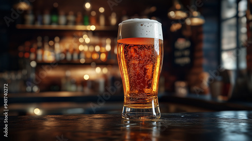 Photograph of a glass filled with beer on a bar counter, front view, dark background,, insanely detailed, fine details, isolated, soft lighting, 3D rend photo