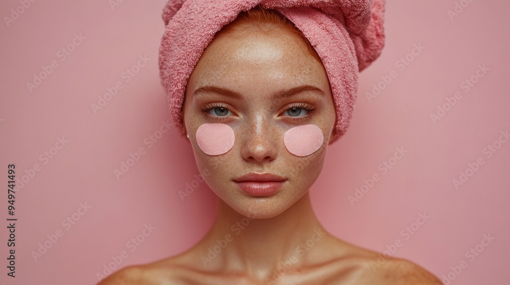 A woman with pink eye patches on her face A woman with pink eye patches on her face