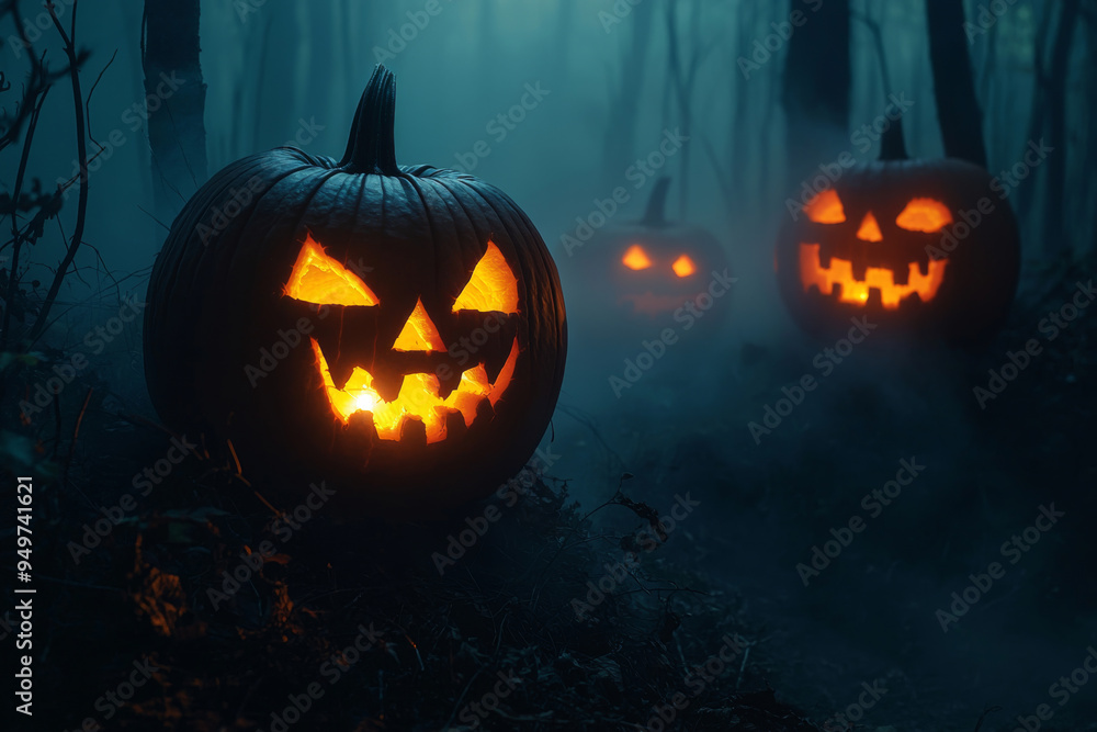 Illuminated Jack-O'-Lantern in a Foggy Forest Illuminated Jack-O'-Lantern in a Foggy Forest