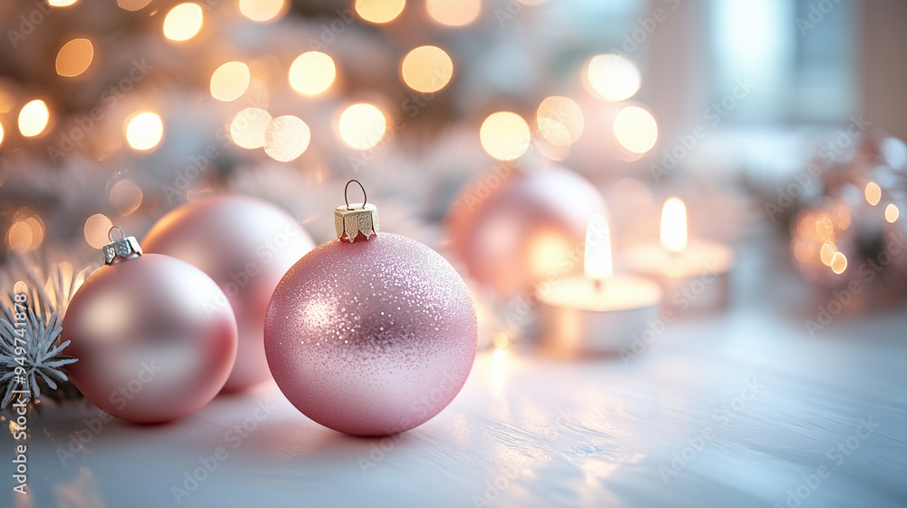 Obraz premium Blush pink Christmas ornaments on a white table with soft candlelight and a bokeh background, creating an elegant and festive atmosphere for holiday celebrations. 