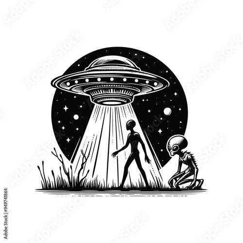 UFO and Alien illustration. hand drawn Alien black and white vector illustration. isolated white background