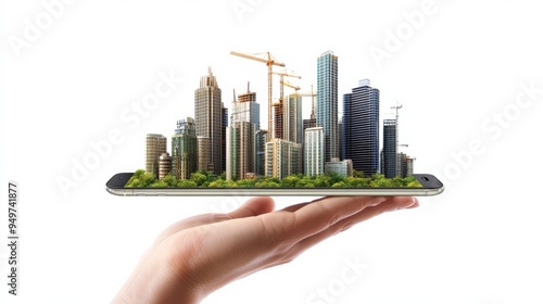 Fototapeta Naklejka Na Ścianę i Meble -  A hand holding a mobile flat on palm , and Multiple construction city building coming out from a flat mobile screen kept flat on a surface, solid white background