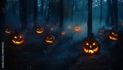 Jack-o'-Lanterns Glowing in a Foggy Forest at Night