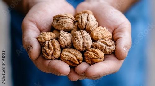 Close-up of hands holding freshly harvested walnuts, showcasing their textured shells and natural hues in a rustic setting.