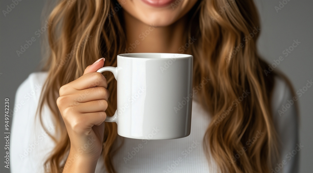 Close-up photograph of a woman holding a white coffee mug, smiling, with long hair, wearing simple , against a plain background. The cup is a blank mockup, captured in high-resolut Close-up photograph of a woman holding a white coffee mug, smiling, with long hair, wearing simple , against a plain background. The cup is a blank mockup, captured in high-resolut