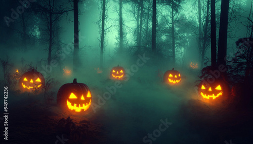 Glowing Jack-O'-Lanterns in a Foggy, Dark Forest