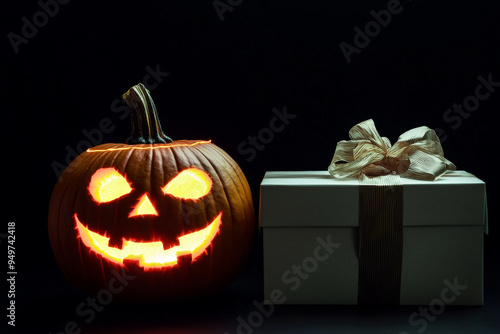 Illuminated Jack-o'-lantern Beside a Gift Box with a Golden Bow