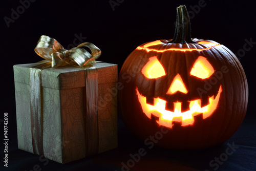 A Glowing Jack-o'-Lantern Beside a Gift Box