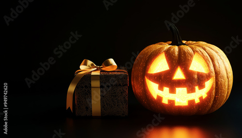 Lit Jack-o'-Lantern with a Gold-Wrapped Gift Box on a Black Background
