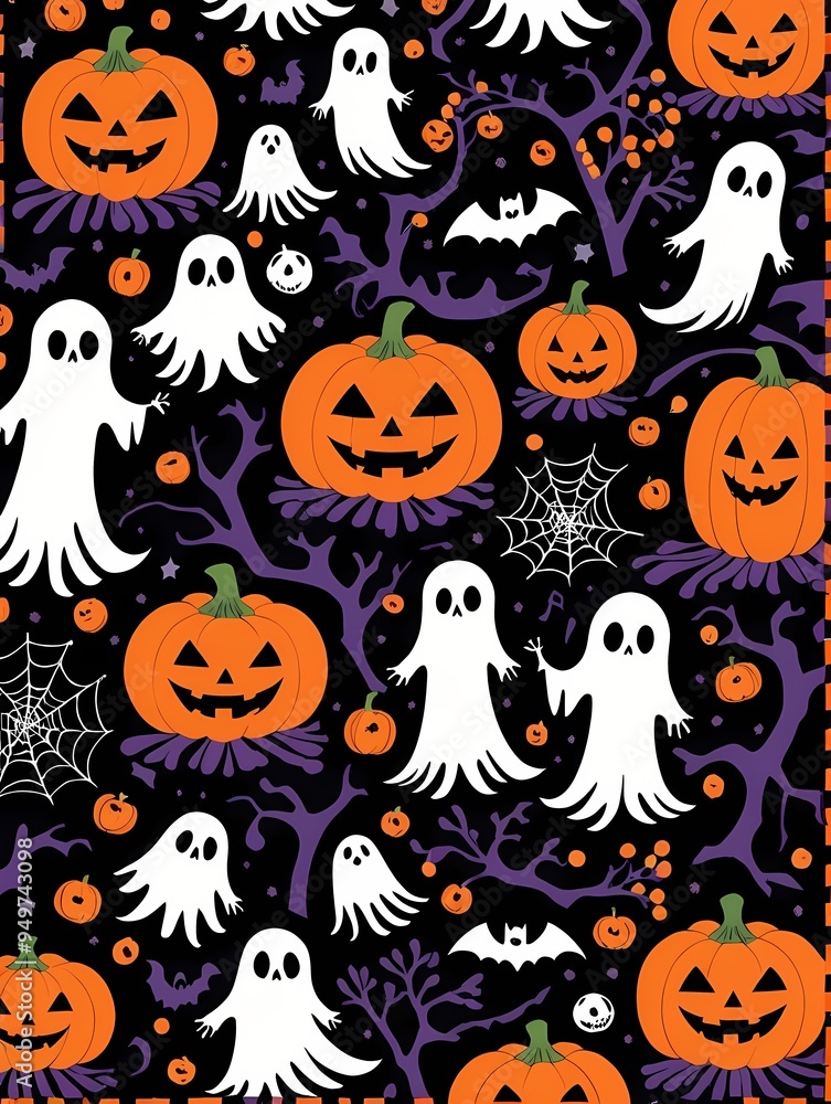 A playful design showcases white ghosts, orange pumpkins, and bats for Halloween fun A playful design showcases white ghosts, orange pumpkins, and bats for Halloween fun