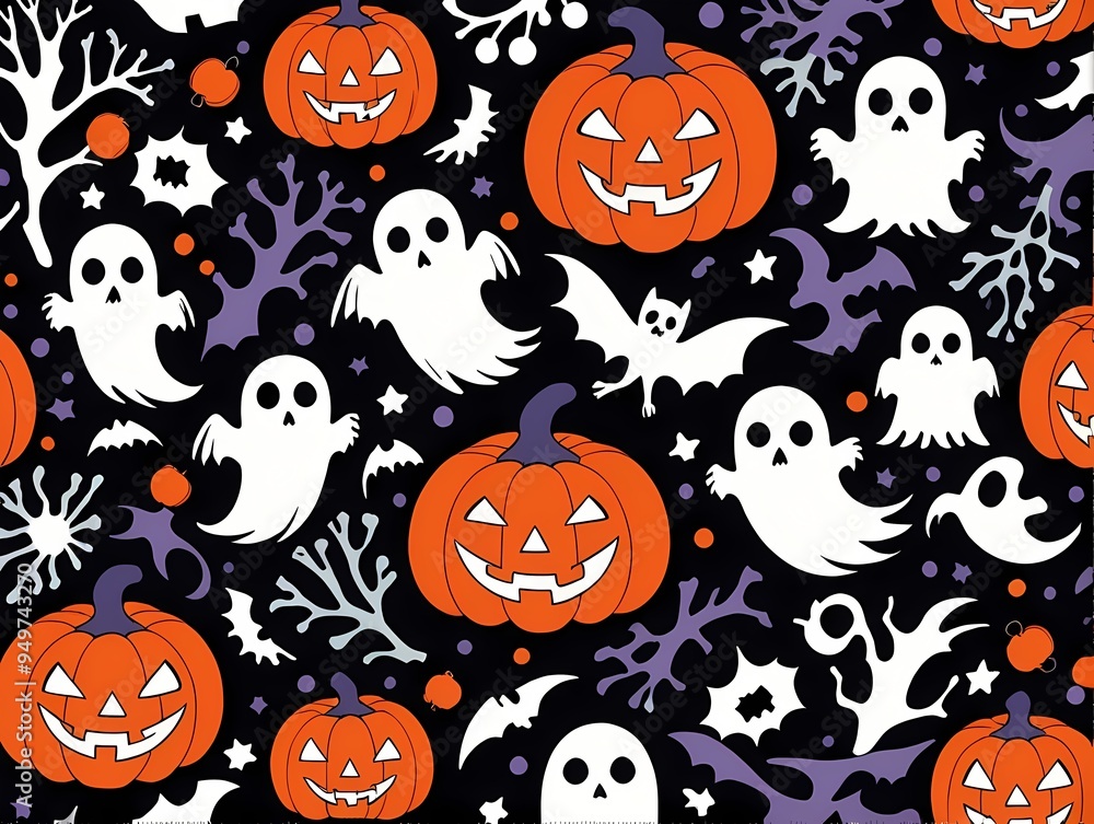This design features Halloween elements like pumpkins, ghosts, and bats on a black background This design features Halloween elements like pumpkins, ghosts, and bats on a black background