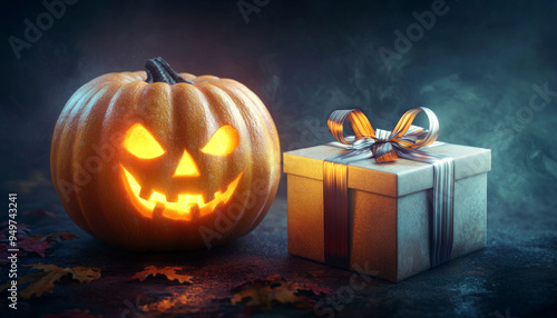 Glowing Jack-o'-lantern with a Gift Box on a Dark Background