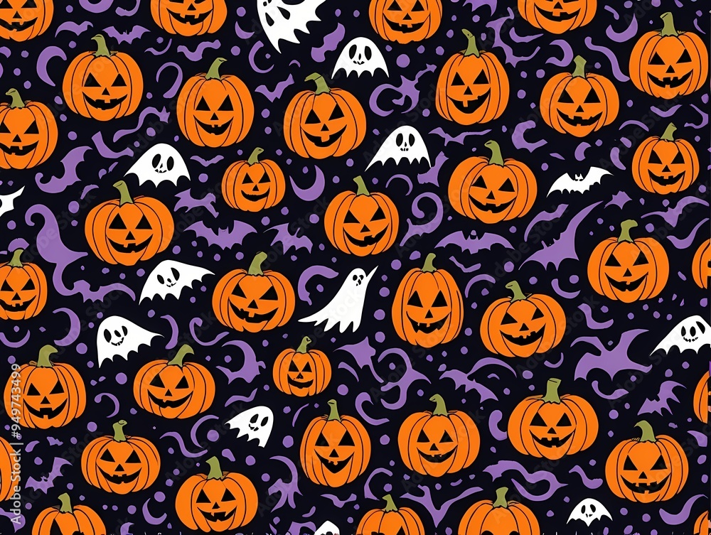 A vibrant Halloween design features smiling pumpkins and playful ghosts in celebration A vibrant Halloween design features smiling pumpkins and playful ghosts in celebration