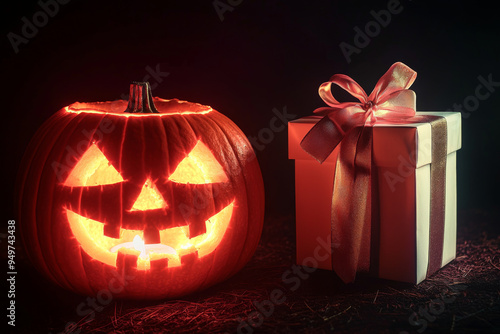 A Jack-O-Lantern and Gift Box in the Dark