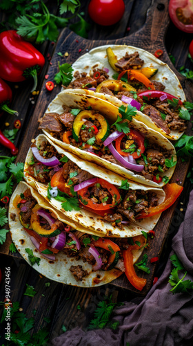 Wallpaper Mural A wooden board is topped with Mexican tacos filled with savory lamb, zucchini, and a variety of fresh vegetables Torontodigital.ca