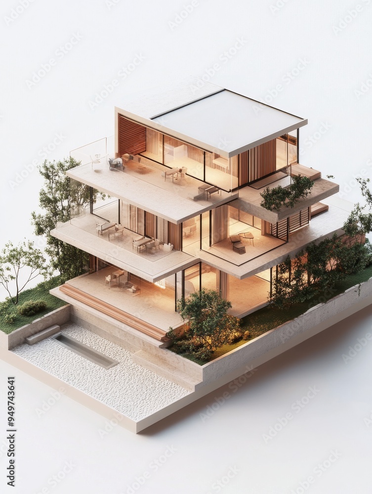 modern minimalism house 3d render isometric on white background modern minimalism house 3d render isometric on white background