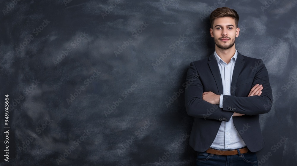 Confident Against the Grain: A young professional exudes confidence, arms crossed against a textured chalkboard backdrop, ready to tackle the challenges ahead. Confident Against the Grain: A young professional exudes confidence, arms crossed against a textured chalkboard backdrop, ready to tackle the challenges ahead.