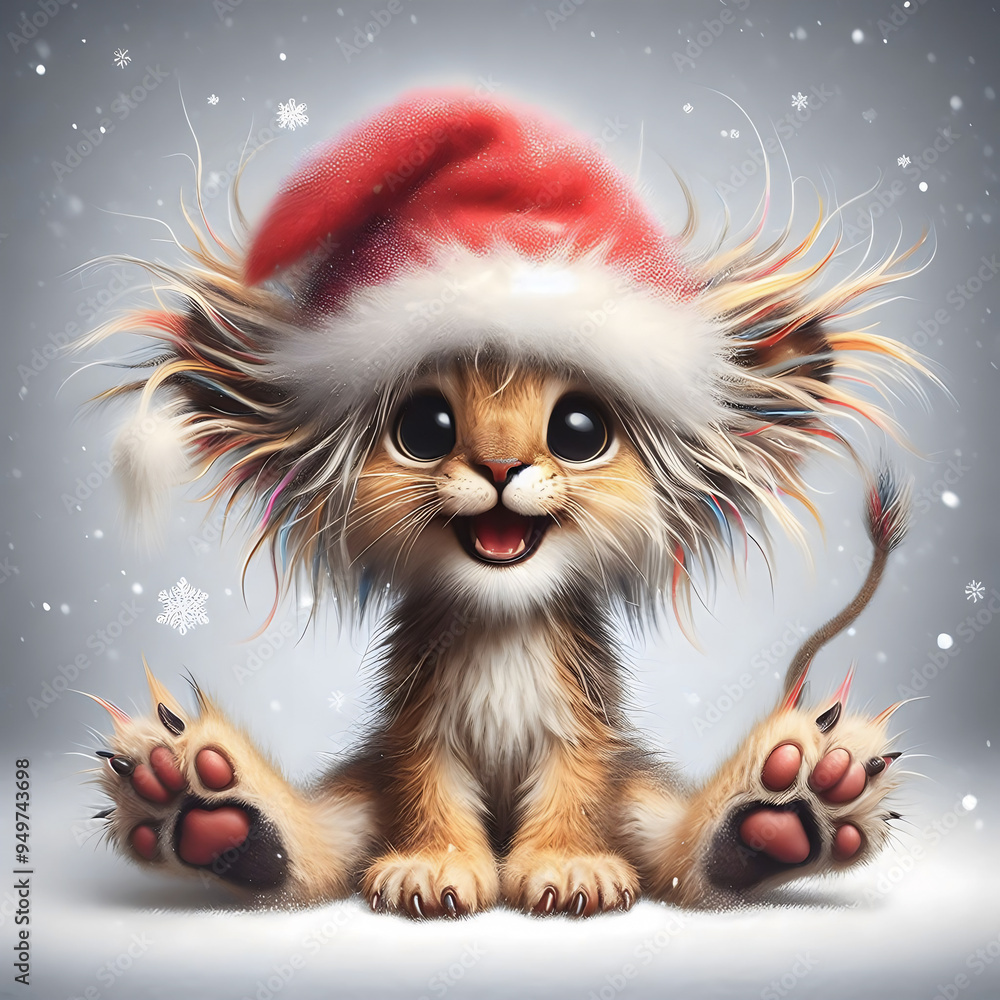 Lion Cub wearing a Christmas hat, Merry Christmas card, banner, copy space Lion Cub wearing a Christmas hat, Merry Christmas card, banner, copy space