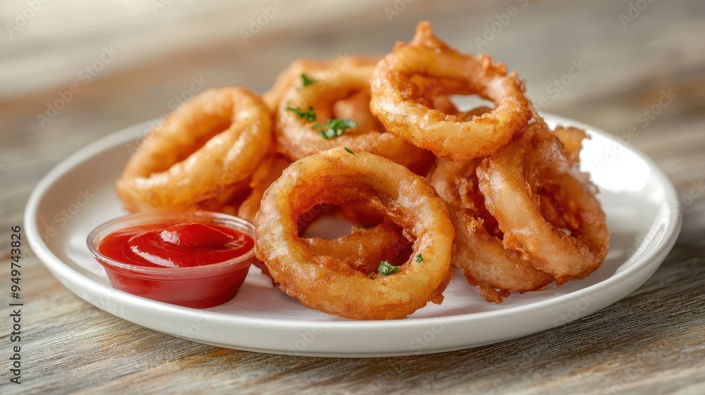 A plate of onion rings with a side of ketchup, Fried favorites, Savory snack food A plate of onion rings with a side of ketchup, Fried favorites, Savory snack food
