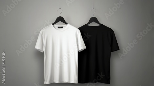 An image of two white walls with a black blank t-shirt hanging on them, ready for your design to be placed on them. Generative Ai 