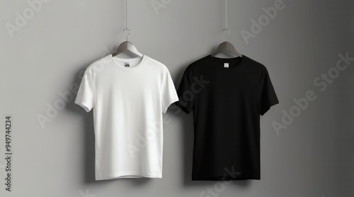 An image of two white walls with a black blank t-shirt hanging on them, ready for your design to be placed on them. Generative Ai 