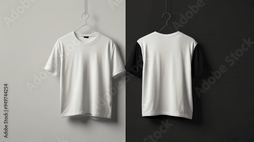 An image of two white walls with a black blank t-shirt hanging on them, ready for your design to be placed on them. Generative Ai 