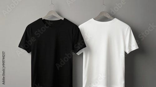 An image of two white walls with a black blank t-shirt hanging on them, ready for your design to be placed on them. Generative Ai 
