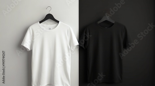 An image of two white walls with a black blank t-shirt hanging on them, ready for your design to be placed on them. Generative Ai 