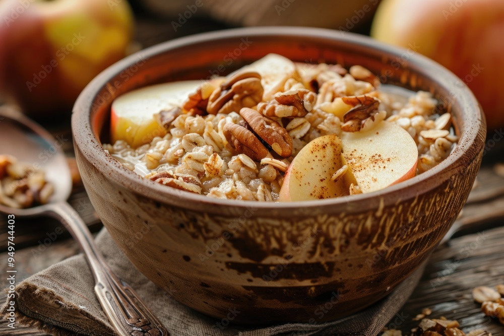 Healthy Breakfast Bowl with Bran Flakes, Pecans, and Apple Slices on a Rustic Wooden Table Healthy Breakfast Bowl with Bran Flakes, Pecans, and Apple Slices on a Rustic Wooden Table