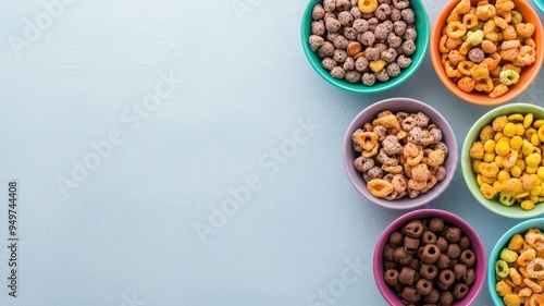 Assortment of sugary cereals in colorful bowls, Breakfast indulgence, Kid-friendly junk food photo