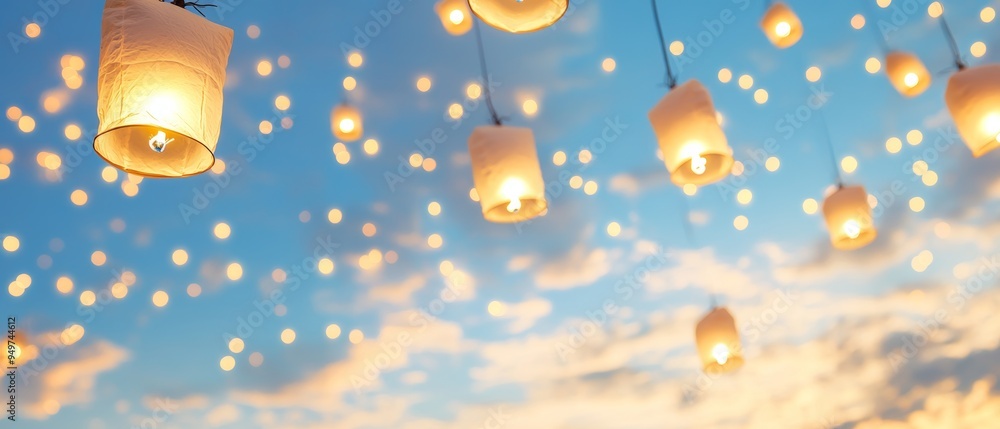 A serene scene of floating lanterns illuminating a twilight sky, evoking feelings of peace, hope, and celebration. A serene scene of floating lanterns illuminating a twilight sky, evoking feelings of peace, hope, and celebration.