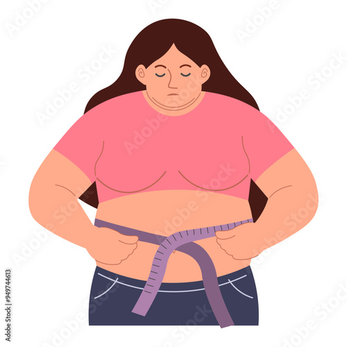 Vector illustration of obese woman. Problems with excess weight, bad eating habits, gluttony, obesity, unhealthy diet. concept of weight loss and diet.